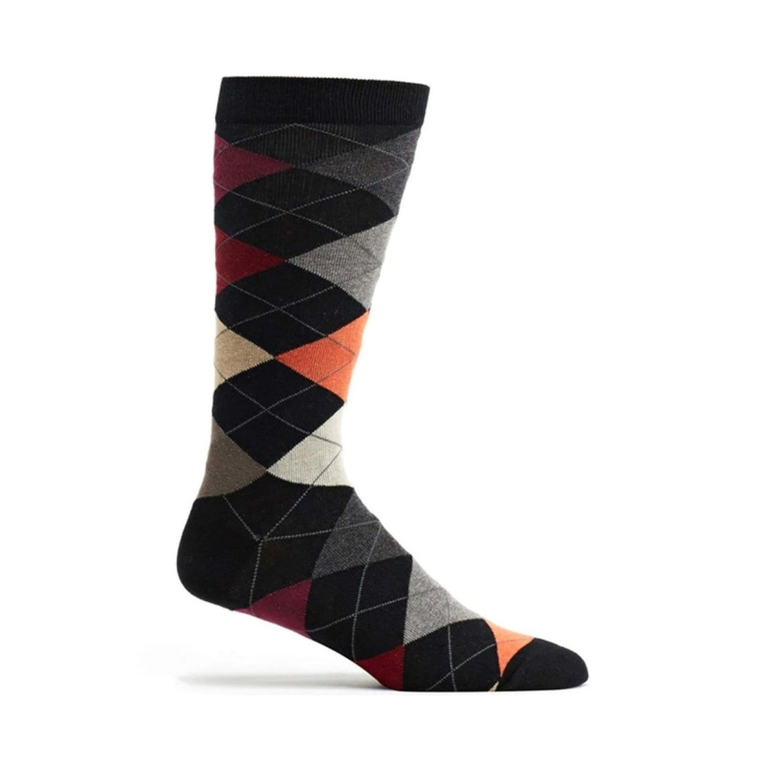 Enjoy the classic style of Ozones Mens Carnival socks, featuring a multicolored argyle pattern in red, gray, orange, and black on white. These knee-highs add sophisticated flair to any outfit.