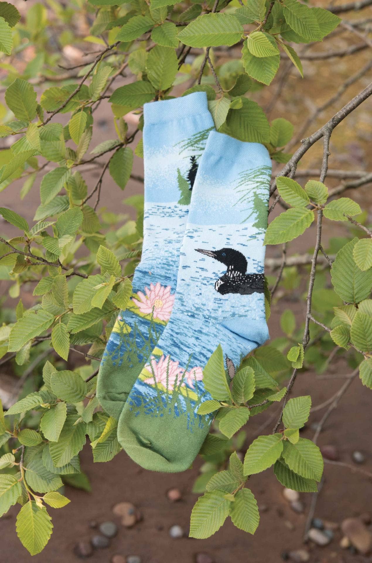 A pair of Ozone Socks – Womens Loon Lake Crew Sock (One Size), featuring a scenic lake with a loon, water, and pink flowers, is draped over a leafy tree branch.