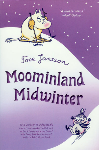 The cover of the book Moominland Midwinter features an illustration of Moomintroll skiing alongside another creature sledding against a purple background adorned with snowflakes. With endorsements from Neil Gaiman and Terry Pratchett, this wintery scene exudes enchantment and whimsy.