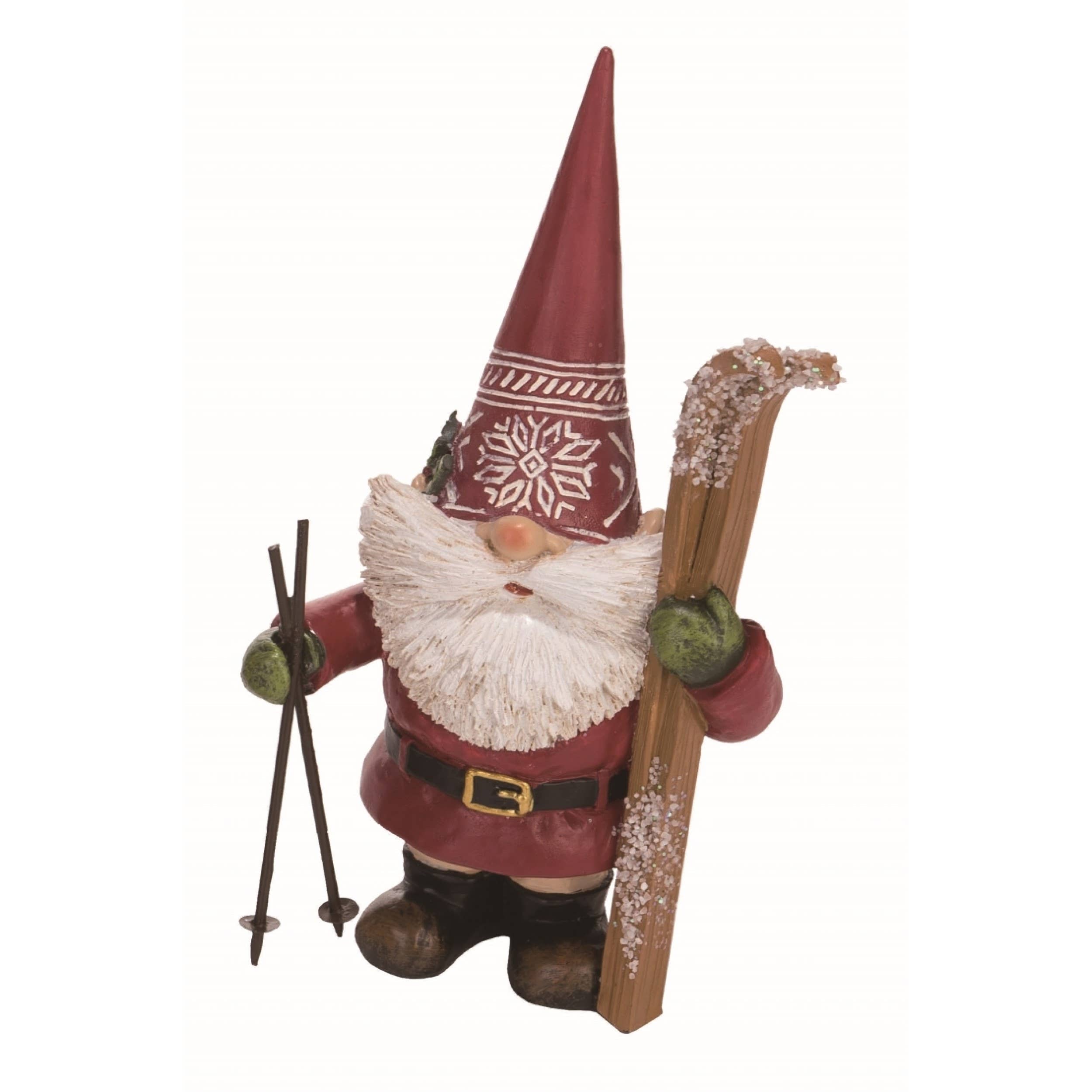 The 7 Winter Gnome Figurine features a Nordic star on its red hat, white beard, and resin design while holding skis—ideal for festive Christmas decor.