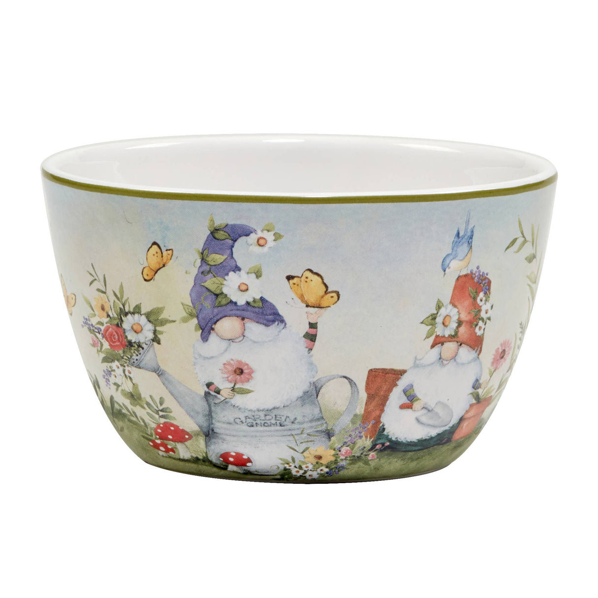 A ceramic bowl featuring garden gnomes with colorful hats, surrounded by flowers, butterflies, and a blue bird. Product: Garden Gnome Ice Cream Bowl, 5.25 x 3, with four image options.