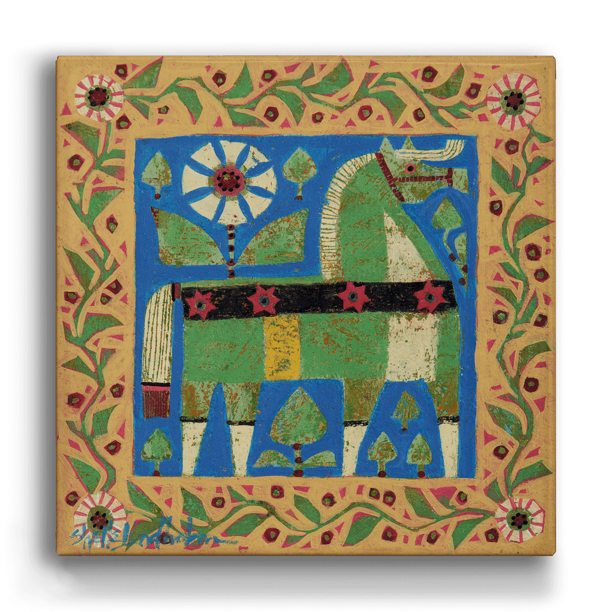 Decor: Green Dala Horse - Metal Box Art features a colorful abstract design with geometric shapes, a stylized flower, and leaf and vine border motifs on an 18" x 18" aluminum square, inspired by Swedish dala horse patterns.