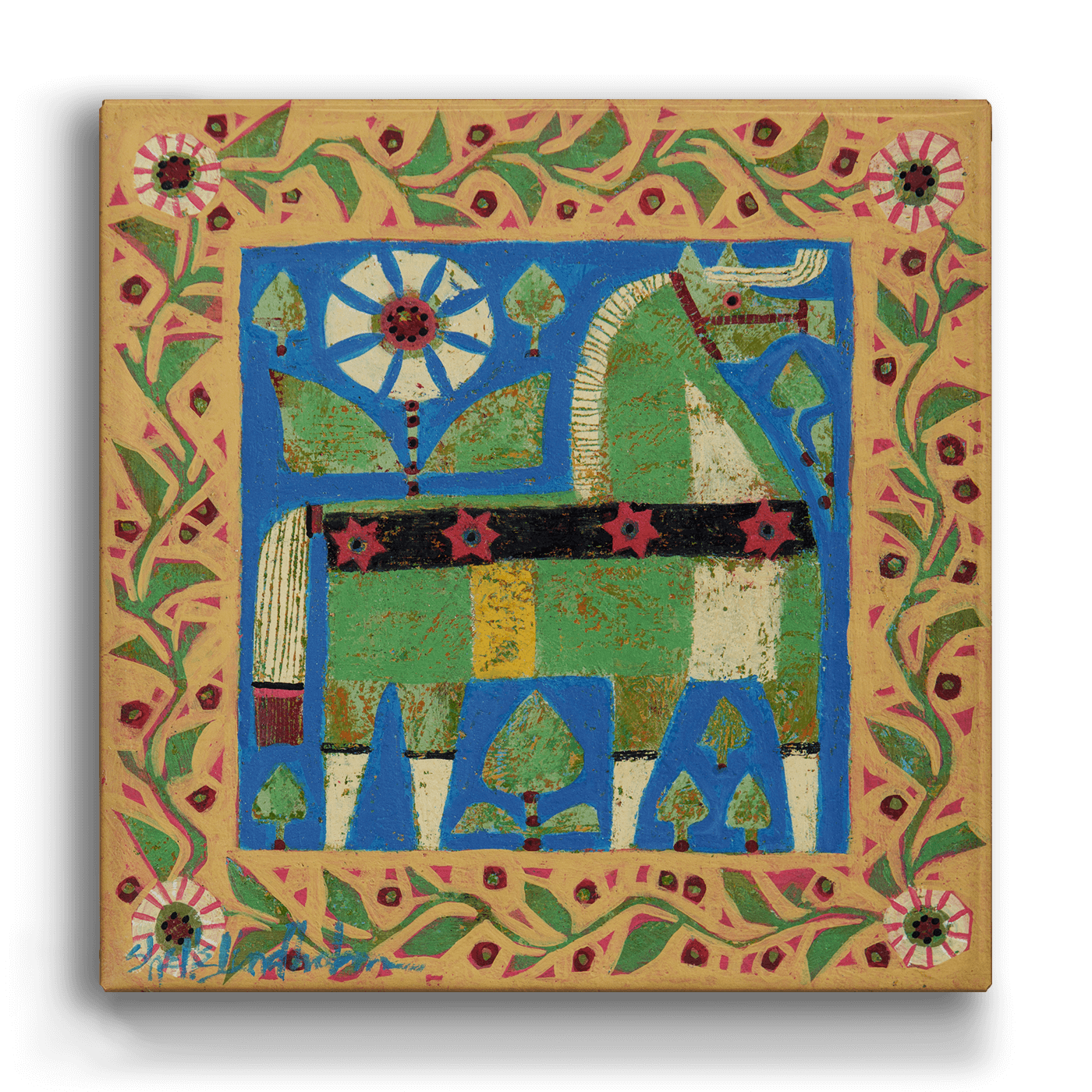 Decor: Green Dala Horse - Metal Box Art features a colorful abstract design with geometric shapes, a stylized flower, and leaf and vine border motifs on an 18" x 18" aluminum square, inspired by Swedish dala horse patterns.