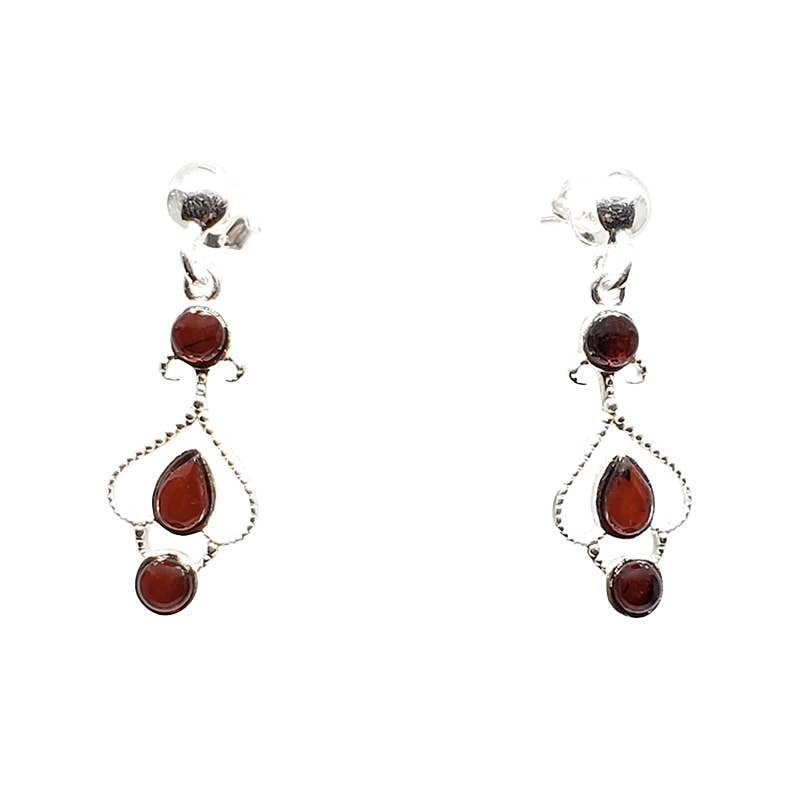 These dangle earrings feature three round and one teardrop-shaped cherry Baltic amber stones set in sterling silver.