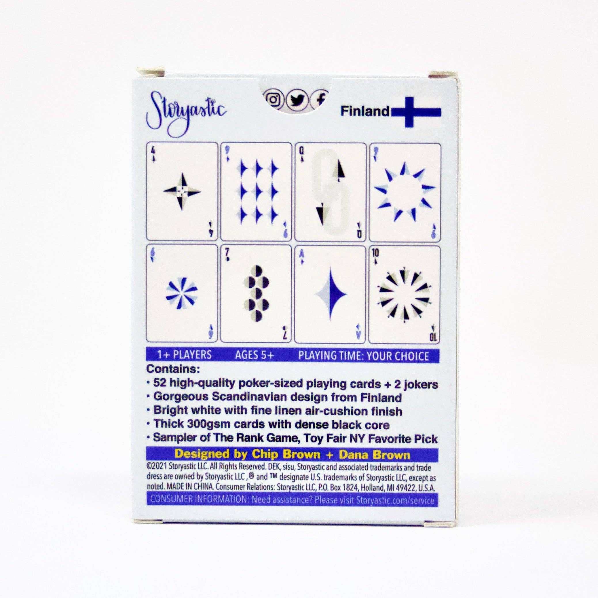 Box of DEK Sisu (Finland) playing cards showcasing a Scandinavian design that captures Finnish resilience. With 52 cards plus 2 jokers, these cards are perfect for ages 5 and up and suitable for 1 or more players. Created with determination by Chiz Brown and Dana Brown.