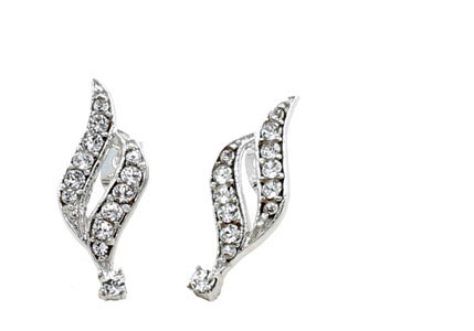 A pair of April Crystal Swarovski® Crystals Spiral Dangle Earrings, featuring a silver, curved leaf-like design set with a row of small round white stones for an elegant look.