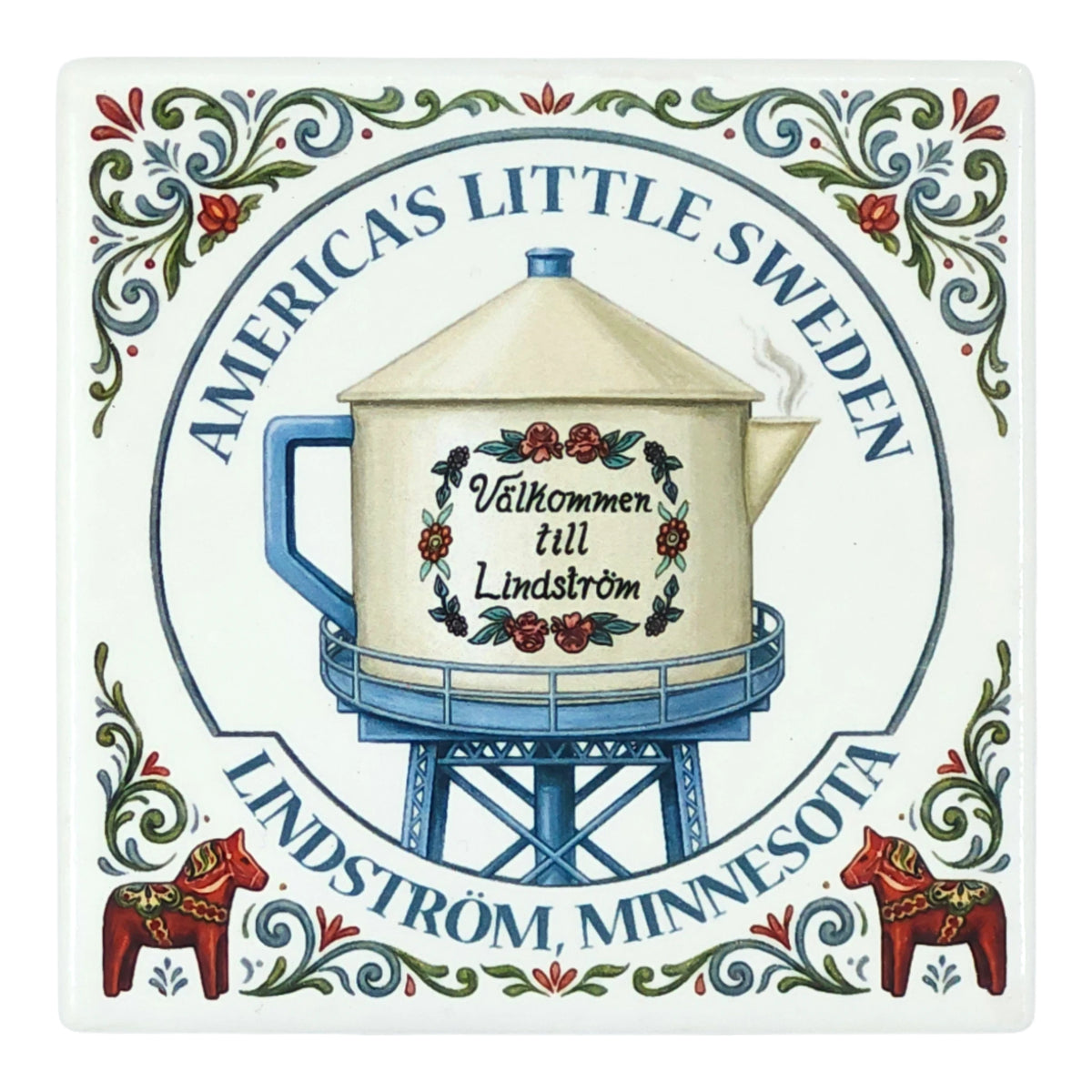 Absorbent ceramic coaster decorated with rosemaling, a water tower, two Dala horses, and the text Americas Little Sweden and Välkommen till Lindström.