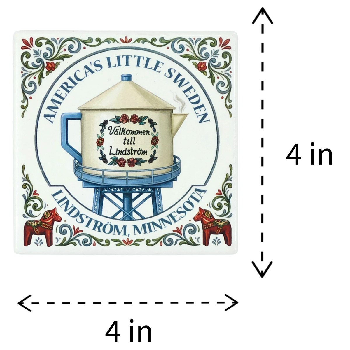 Absorbent ceramic coaster featuring a tea-kettle-shaped water tower, rosemaling, two Dala horses, and the text Americas Little Sweden and Lindström, Minnesota.