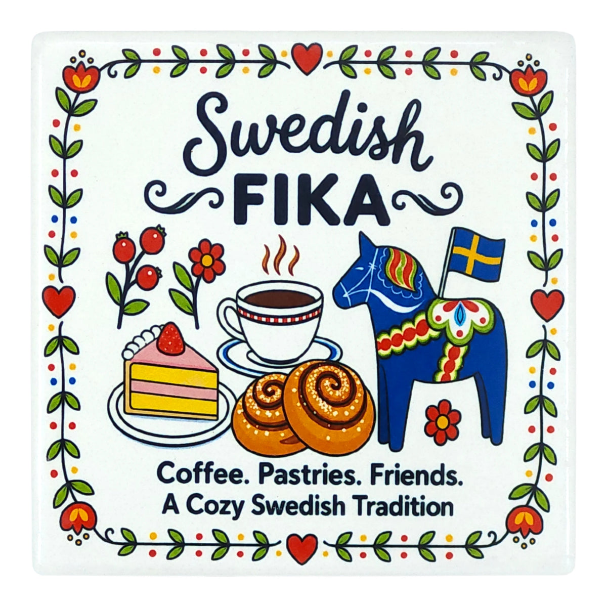 Ceramic coaster featuring a blue Dala horse, coffee, pastries, and the text Swedish FIKA. Coffee. Pastries. Friends. A Cozy Swedish Tradition, within a floral border.
