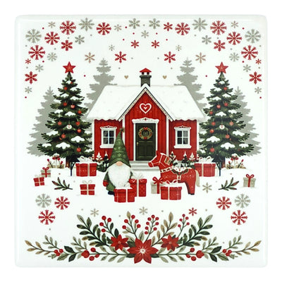 Ceramic coaster with a Nordic scene featuring a Tomte gnome, a red Dala horse, gift boxes, a cottage, Christmas trees, and snowflakes.