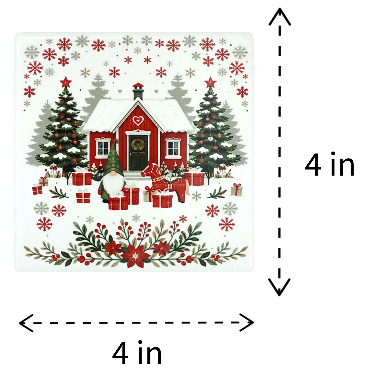 Square ceramic coaster with a Nordic winter scene featuring a red house, a tomte, a Dala horse, wrapped gifts, and snowflakes.