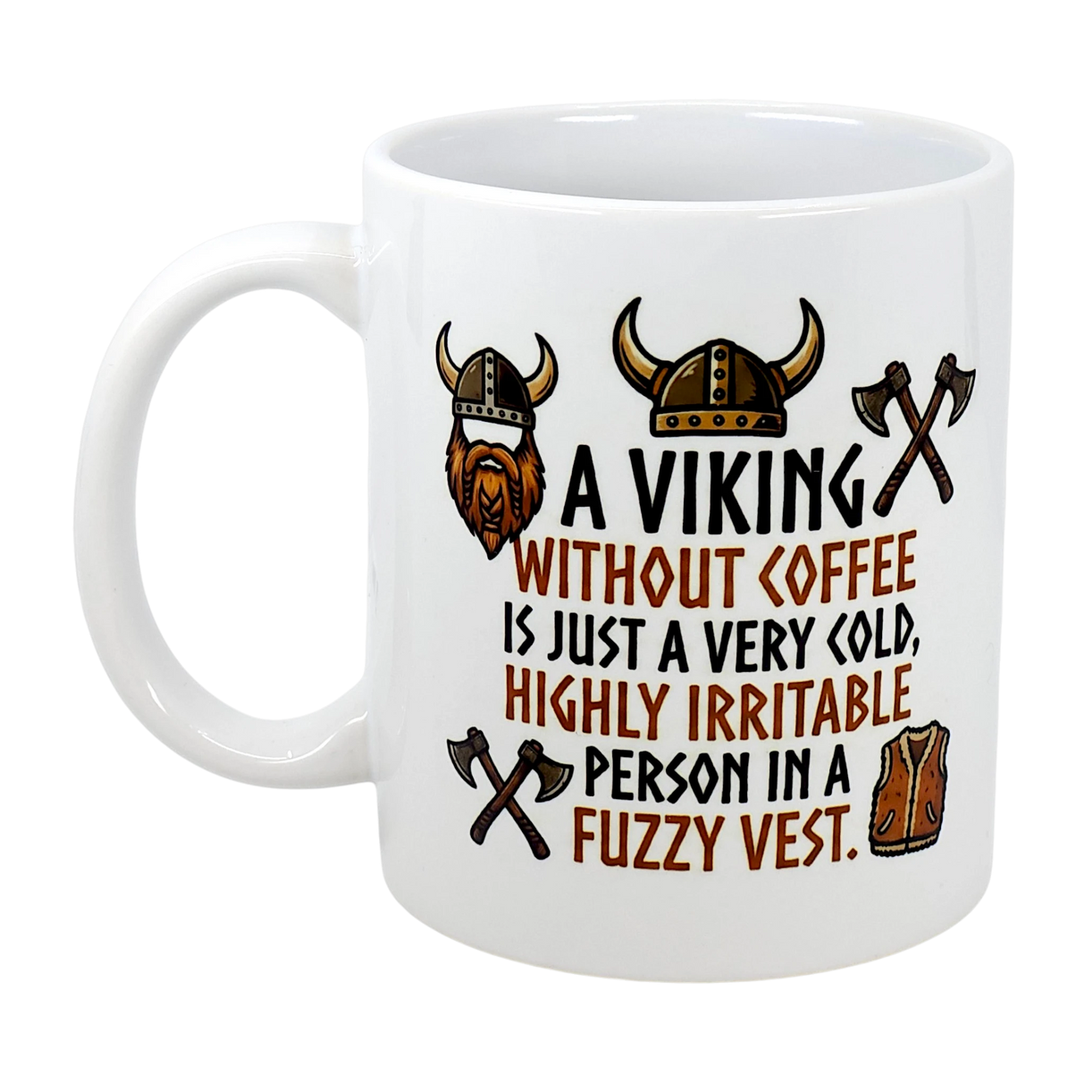 The Swedish Gift Store’s 11 oz “A Viking Without Coffee Irritable Person” ceramic mug showcases helmets, axes, and a vest with witty text—perfect for fans of Nordic humor!.