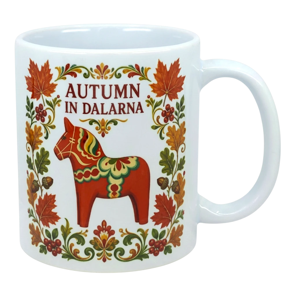 White ceramic mug featuring leaves, flowers, a red Swedish Dala horse, and the text “AUTUMN IN DALARNA” in Scandinavian folk art style.