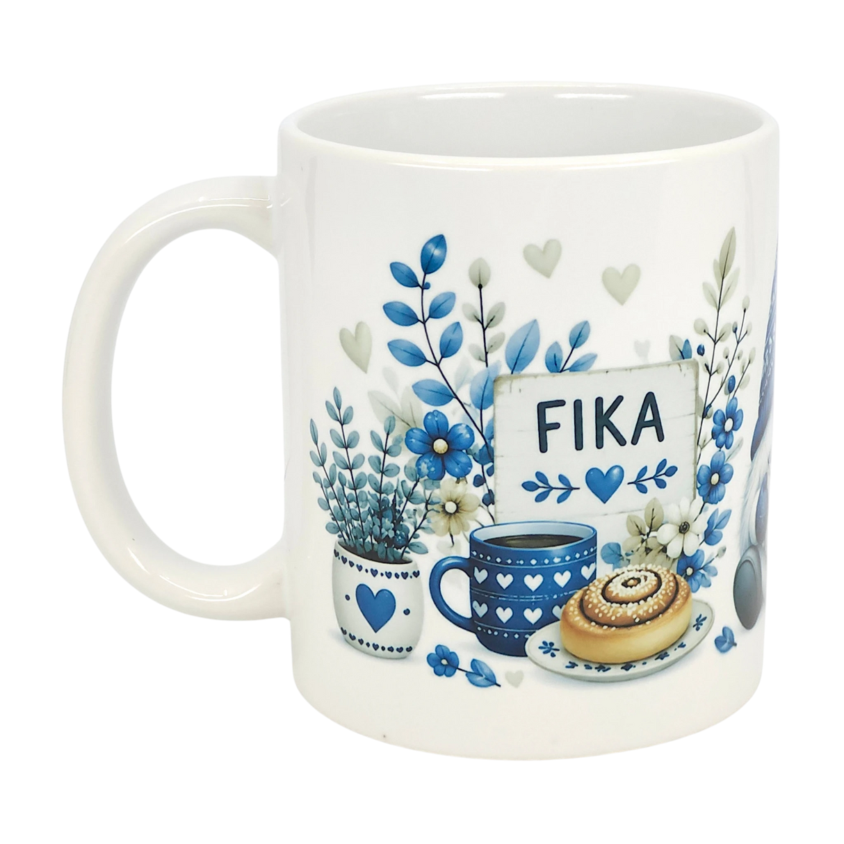 The Nordic Wholesale Mug: Blue Tomte Gnome Fika Ceramic Mug (11 oz) features a white Scandinavian gnome, blue flowers, coffee cup, cinnamon roll, and a "FIKA" sign with blue hearts.