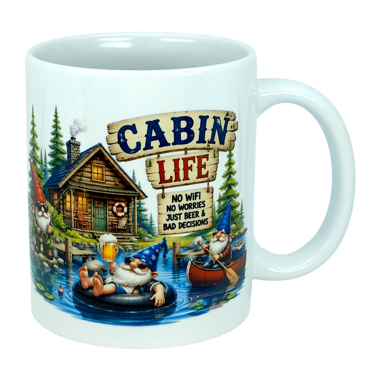 Enjoy your favorite beverage with the Mug: Cabin Life Gnomes Ceramic Coffee Mug (11 oz) by Nordic Wholesale. This charming white mug features playful cartoon gnomes lounging by a serene lake, next to a cozy log cabin and a whimsical sign that reads: CABIN LIFE. No wifi, no worries, just beer & bad decisions—making it the perfect gift for anyone who loves lighthearted, cabin-themed adventures.