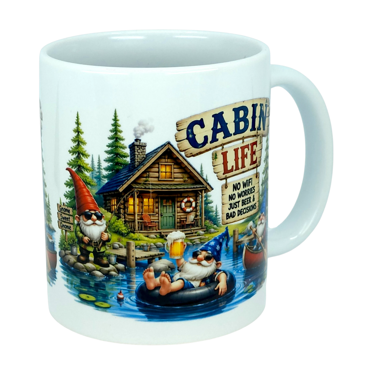 Enjoy your coffee in style with the Mug: Cabin Life Gnomes Ceramic Coffee Mug (11 oz) from Nordic Wholesale. This charming mug showcases whimsical cartoon gnomes relaxing by a lakeside cabin—one lounging on a dock, another floating in an inner tube. Featuring the phrase "CABIN LIFE: No wifi, no worries, just beer & bad decisions," this quirky ceramic mug is perfect for anyone who loves cozy retreats and playful designs.