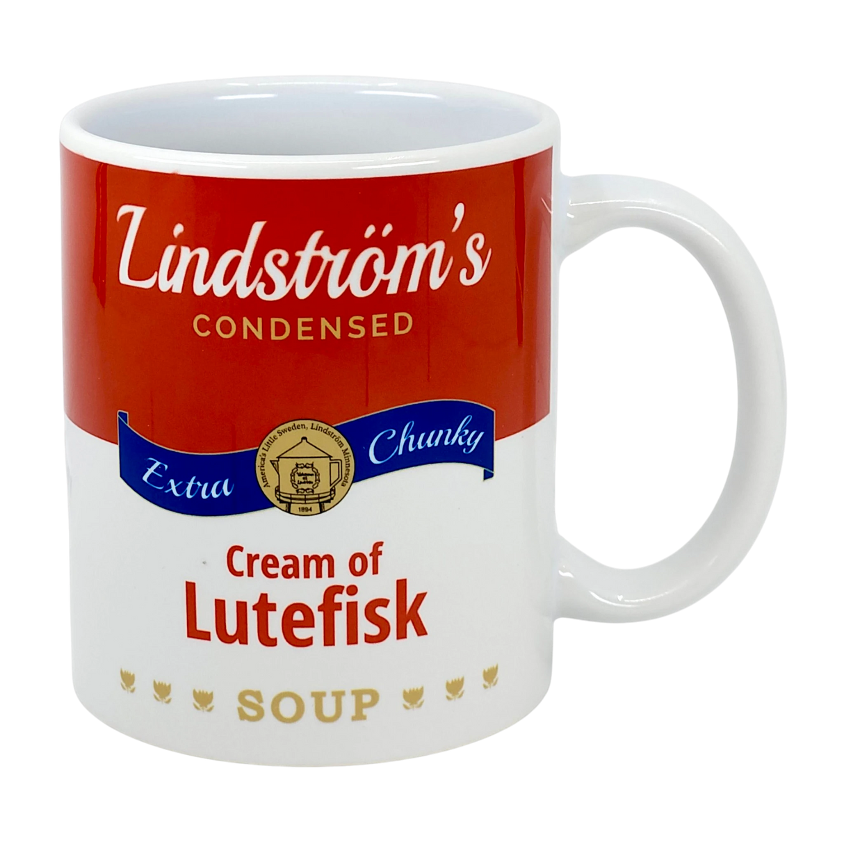 This 11oz white ceramic mug from Swedish Gift Store is styled like a can of Lindstrom's Condensed Extra Chunky Cream of Lutefisk Soup—an ideal Scandinavian heritage gift from Lindstrom, Minnesota.