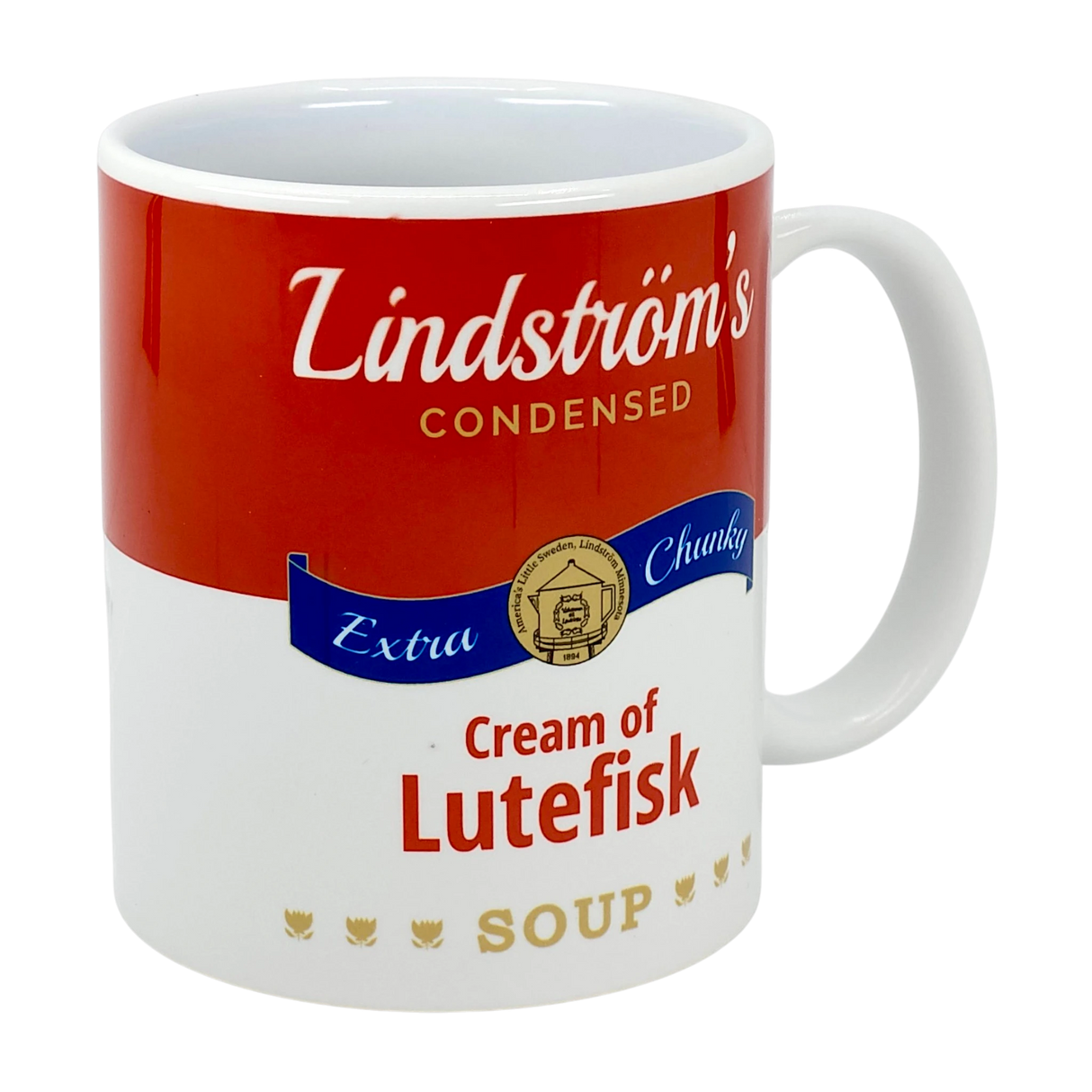 The 11oz ceramic Lindstrom's Condensed Extra Chunky Cream of Lutefisk Soup mug by Swedish Gift Store features a playful soup can label design—ideal as a quirky Scandinavian heritage gift for Lindström’s lutefisk fans.