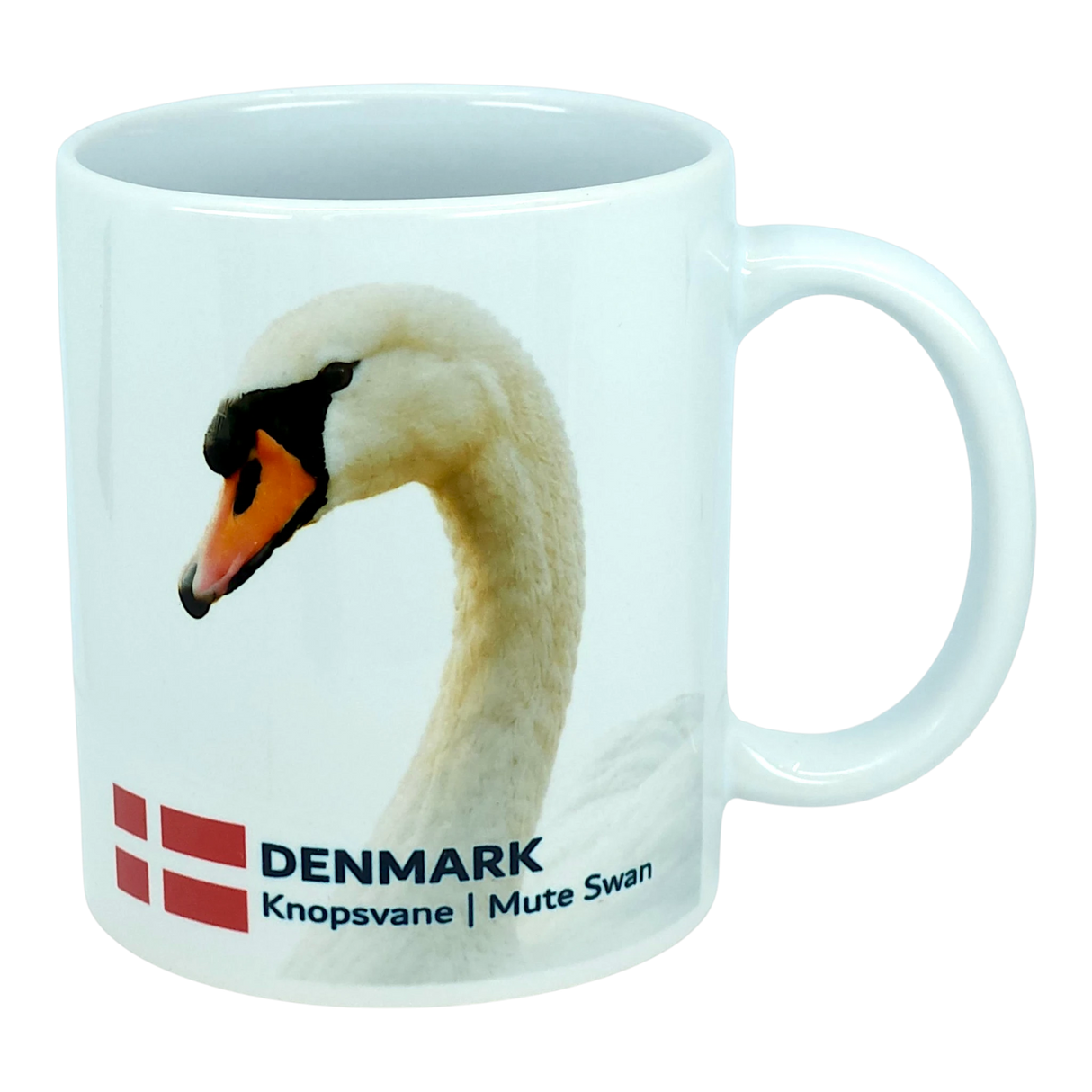 Elevate your kitchen with the Nordic Wholesale Mug: Denmark National Animal Mute Swan Ceramic Mug (11 oz), a white mug showcasing a graceful mute swan, the Danish flag, and the text "DENMARK Knopsvane | Mute Swan." This charming Scandinavian mug is a delightful way to honor Danish heritage in your home.