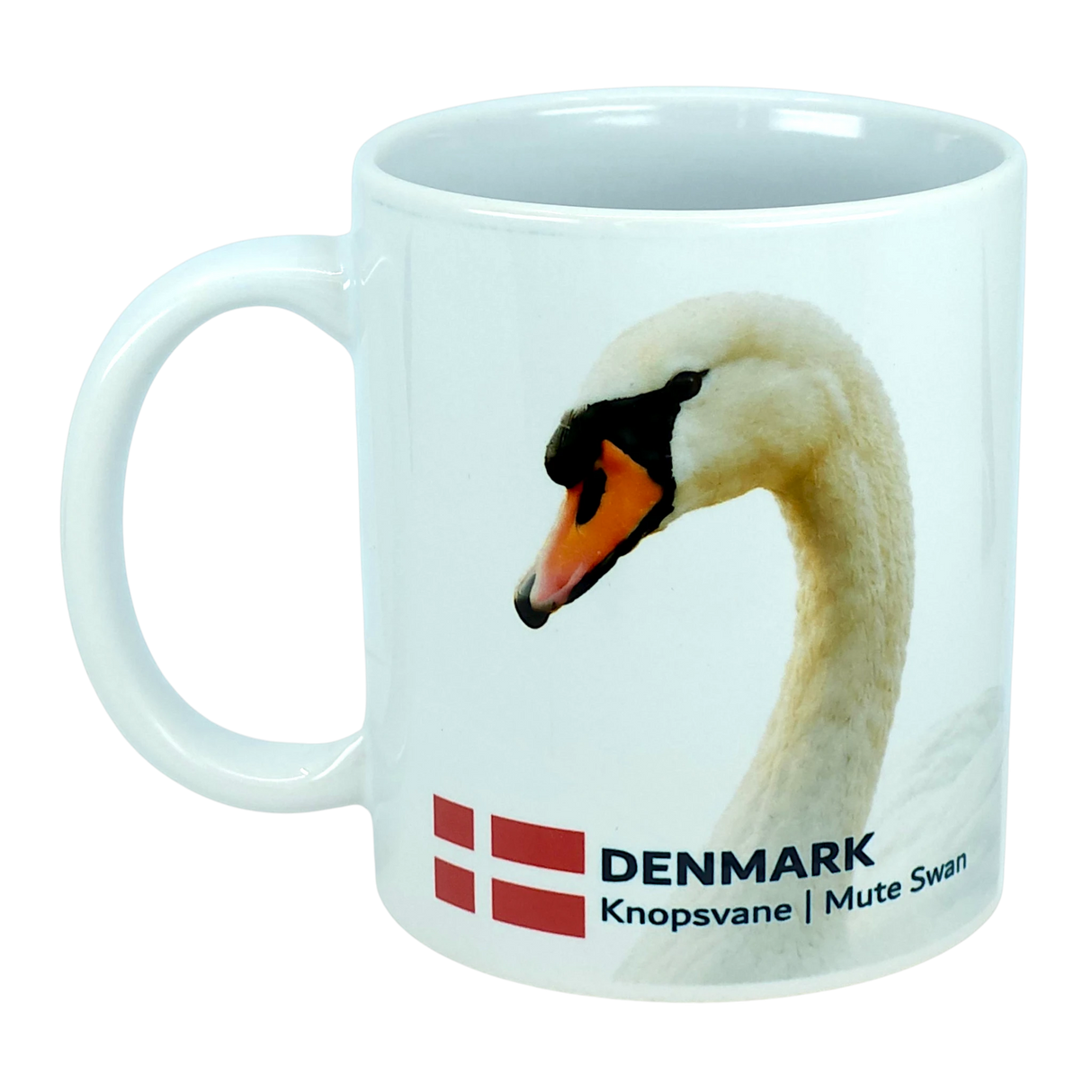 Introducing the Mug: Denmark National Animal Mute Swan Ceramic Mug (11 oz) by Nordic Wholesale—a white ceramic kitchen mug beautifully featuring the elegant mute swan, the Danish flag, and "DENMARK Knopsvane | Mute Swan" text on a crisp white background. This Scandinavian-inspired design celebrates both Denmark’s national animal and its rich heritage. Perfect as a unique addition to your mug collection—whether you love mute swans or Danish symbols!.