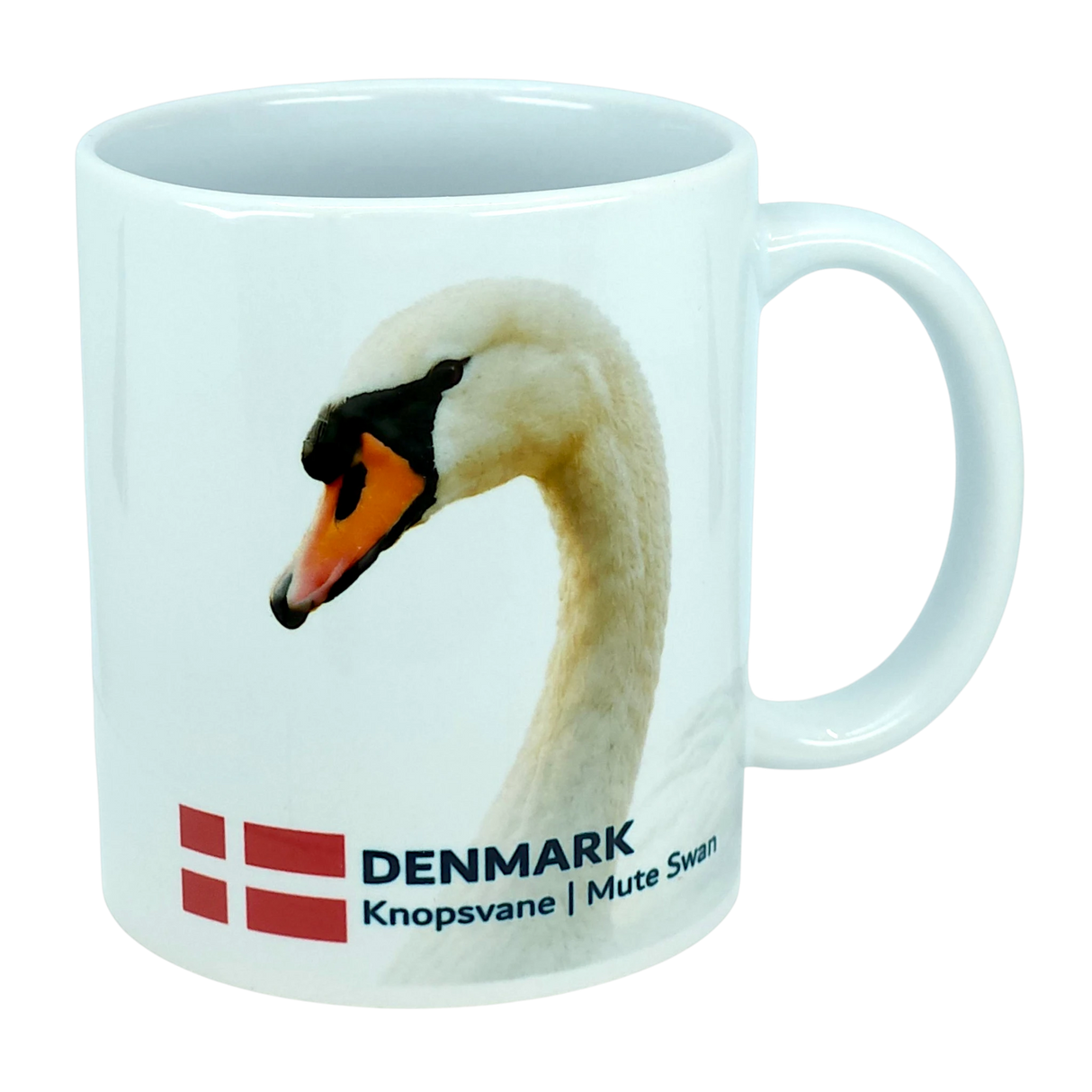 Bright white ceramic mug from Nordic Wholesale featuring the Denmark national animal, the Mute Swan, along with the Danish flag and “DENMARK Knopsvane | Mute Swan” printed below—an ideal 11 oz Scandinavian kitchen mug for bird enthusiasts or anyone looking for a classic Danish flag design.