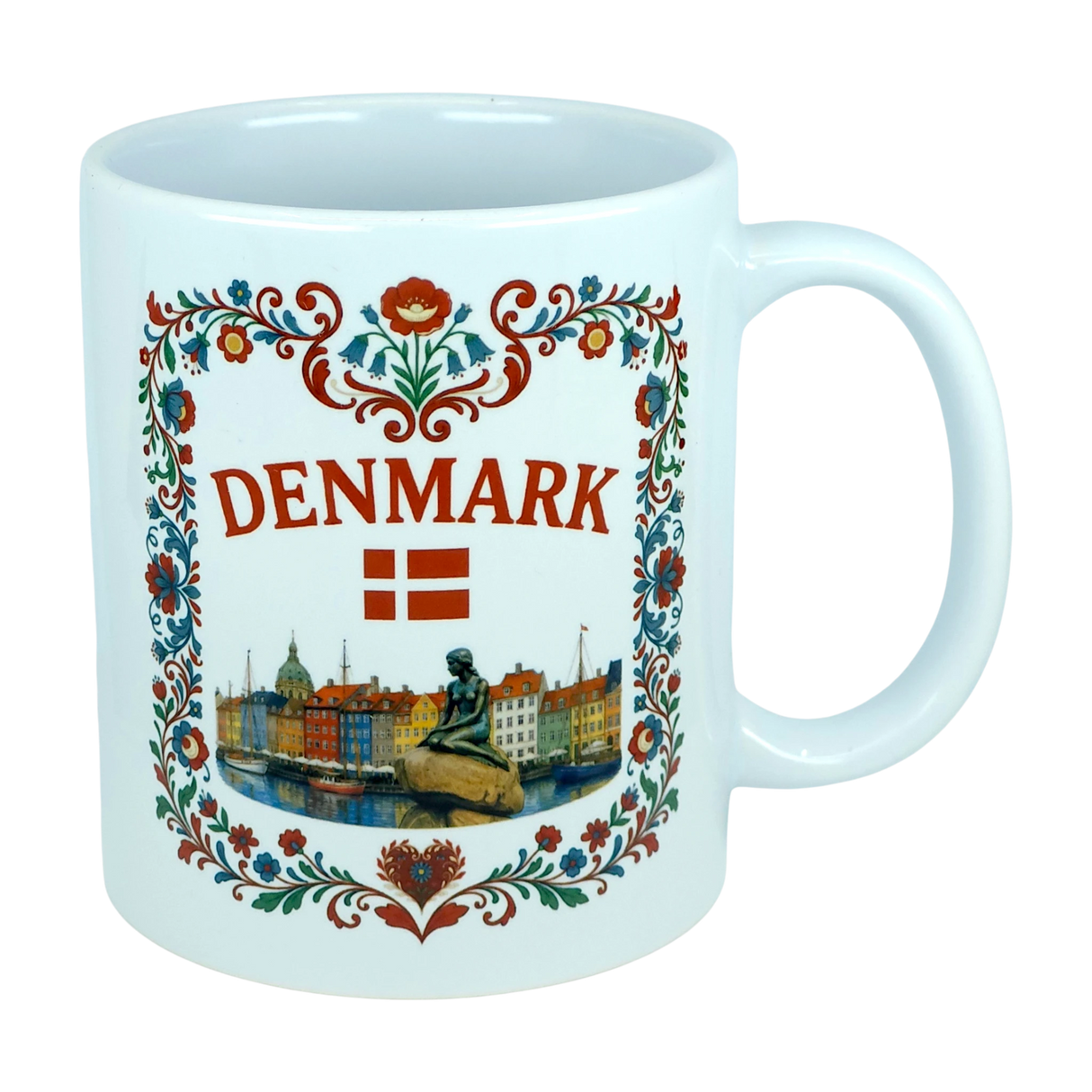 Celebrate Danish heritage with the Nordic Wholesale Mug: Denmark Nyhavn Ceramic Mug (11 oz Capacity), featuring vibrant floral patterns, “DENMARK” in bold red lettering, the Danish flag, a detailed illustration of the Little Mermaid statue, and a charming cityscape inspired by Nyhavn harbor—an ideal addition to your collection.