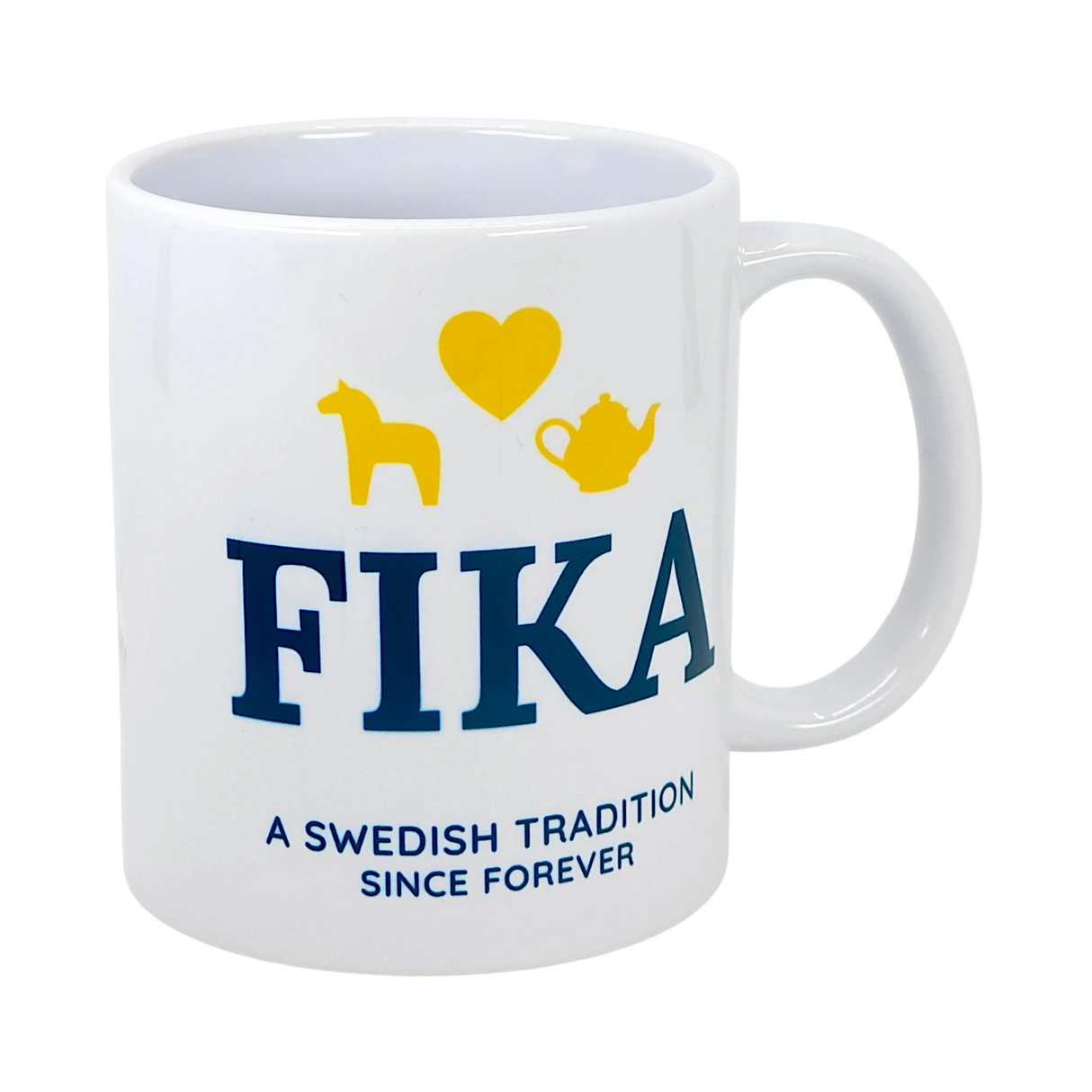 A white 11 oz ceramic mug from Nordic Wholesale featuring the word “FIKA,” yellow icons of a horse, heart, and teapot, with “A Swedish Tradition Since Forever” printed below.