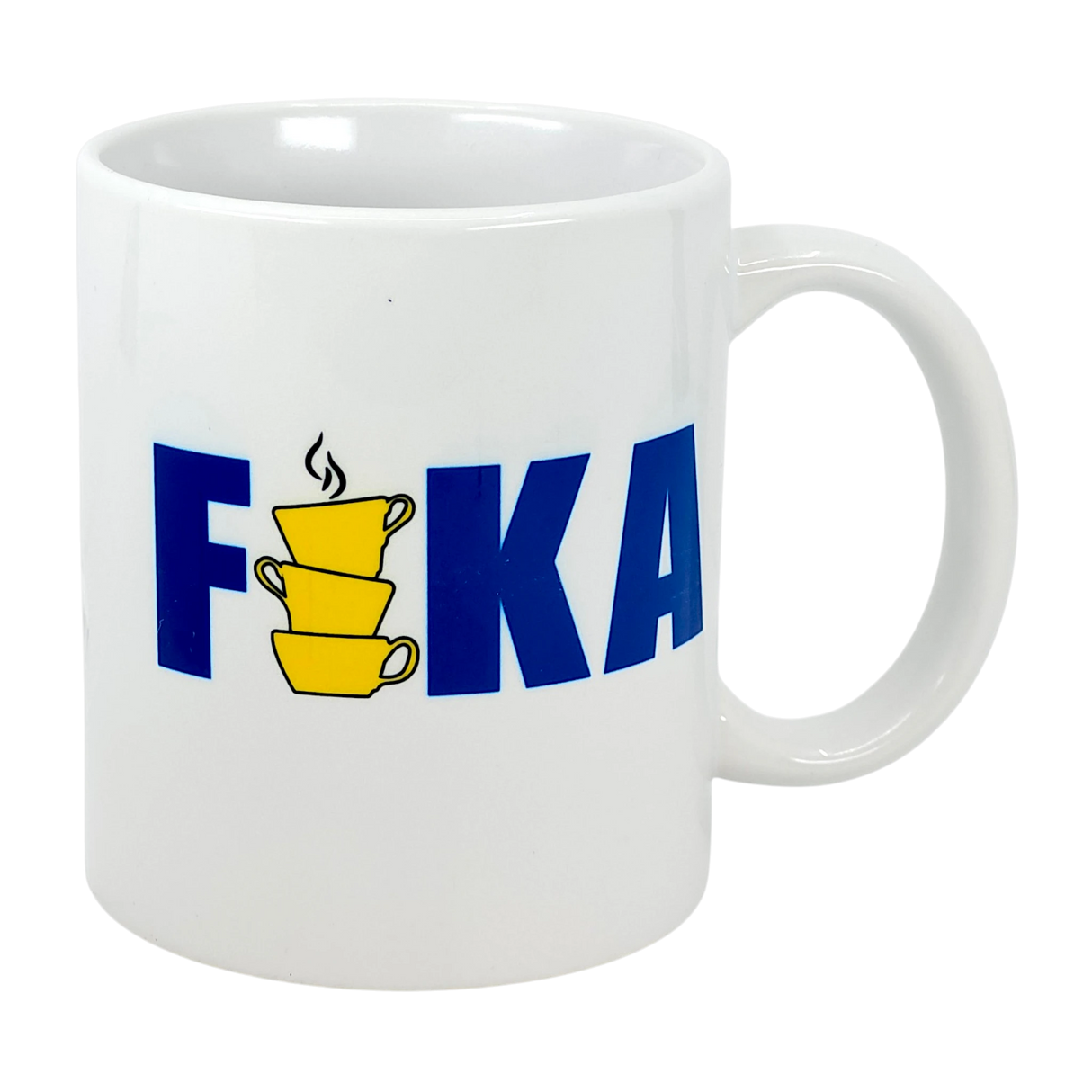 The Swedish Gift Store's 11 oz ceramic mug features "FIKA" in blue, with the "I" replaced by two stacked yellow cups with steam—design inspired by the Swedish flag.