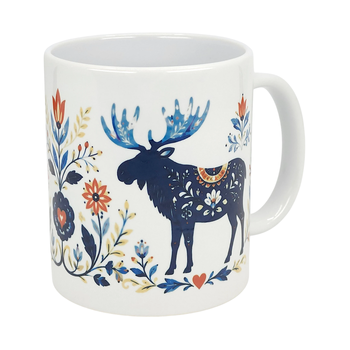 The Nordic Wholesale Mug: Folk Art Moose Ceramic Mug (11 oz) features a folk-style moose illustration surrounded by decorative blue, red, and yellow Scandinavian-inspired floral patterns on white ceramic.