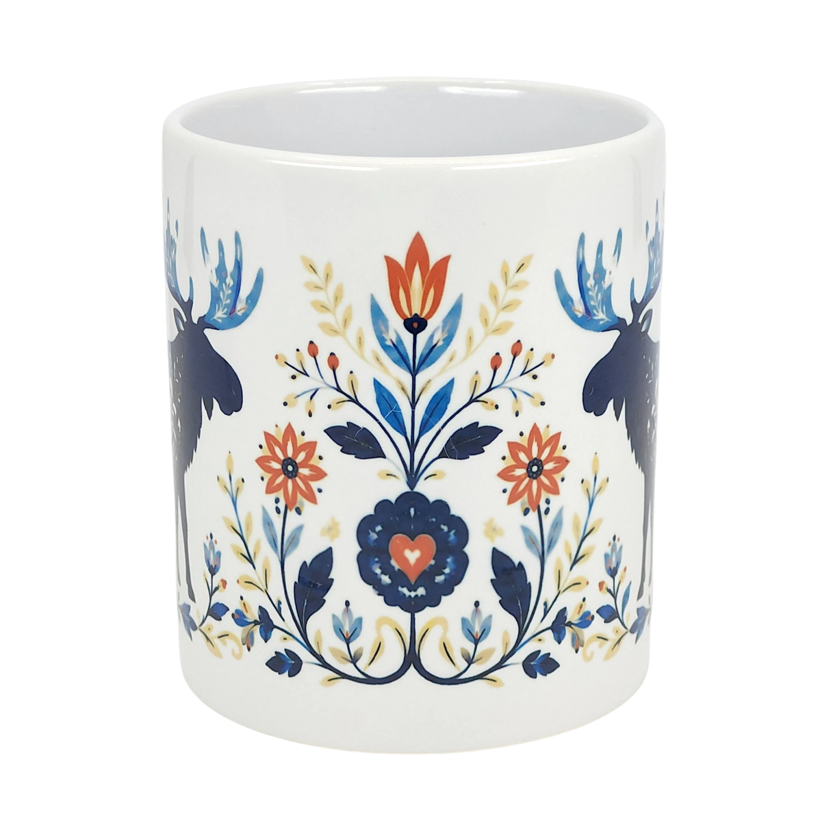 The Nordic Wholesale Folk Art Moose Ceramic Mug (11 oz) features a white base with Scandinavian folk art, two blue moose, red and blue flowers, leafy branches, and a charming heart motif.