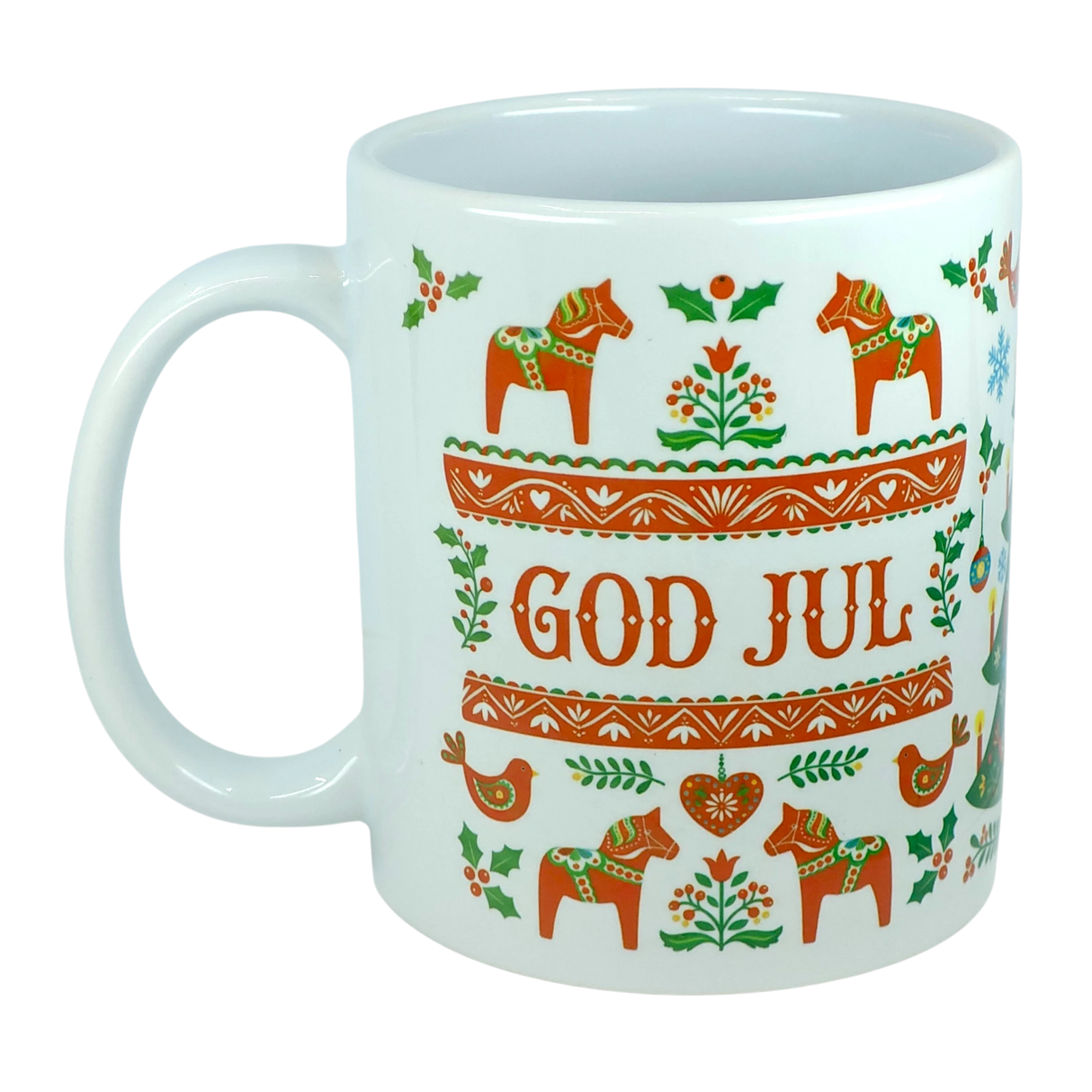 Celebrate the season with the Nordic Wholesale Mug: God Jul Dala Horse Christmas Ceramic Mug (11 oz Capacity). This delightful white mug features “GOD JUL” in festive red lettering, framed by Scandinavian-inspired patterns with vibrant red Dala horses, birds, hearts, snowflakes, and intricate green and orange floral details. Bring Nordic folk art charm to your holiday traditions—this perfect Scandinavian holiday coffee cup is sure to warm chilly winter mornings.