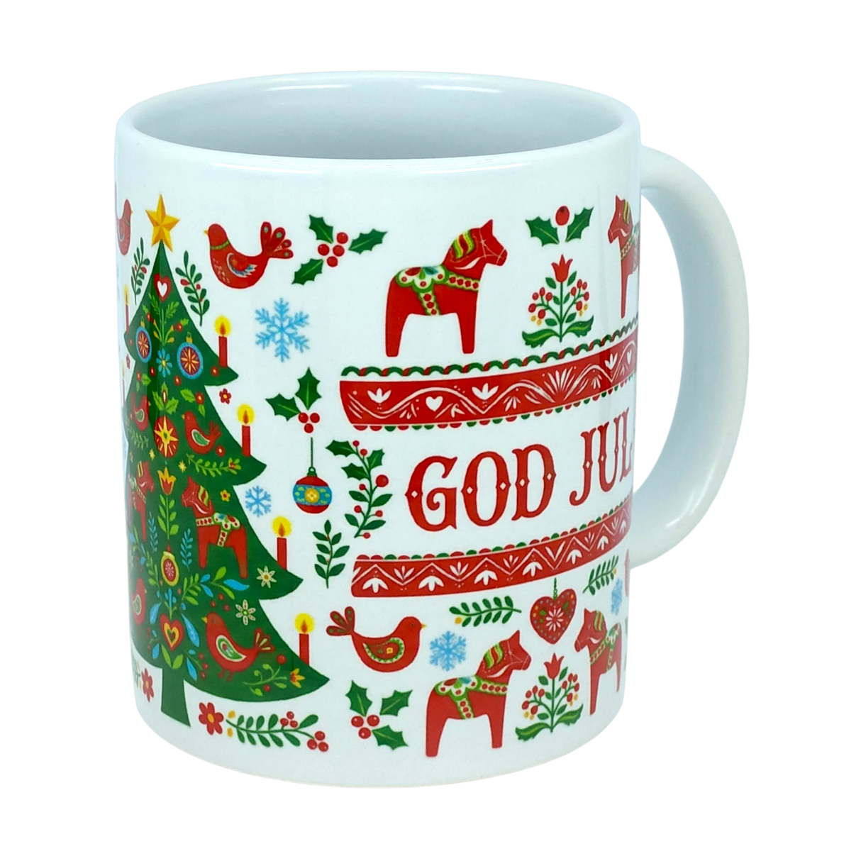 The Mug: God Jul Dala Horse Christmas Ceramic Mug (11 oz Capacity) by Nordic Wholesale is a white ceramic mug adorned with festive patterns, including a Christmas tree, red Dala horses, birds, and hearts. Featuring the Swedish phrase "God Jul" in red and surrounded by charming Nordic folk art designs, this coffee cup captures the warmth and cheerful spirit of Scandinavian holiday traditions.