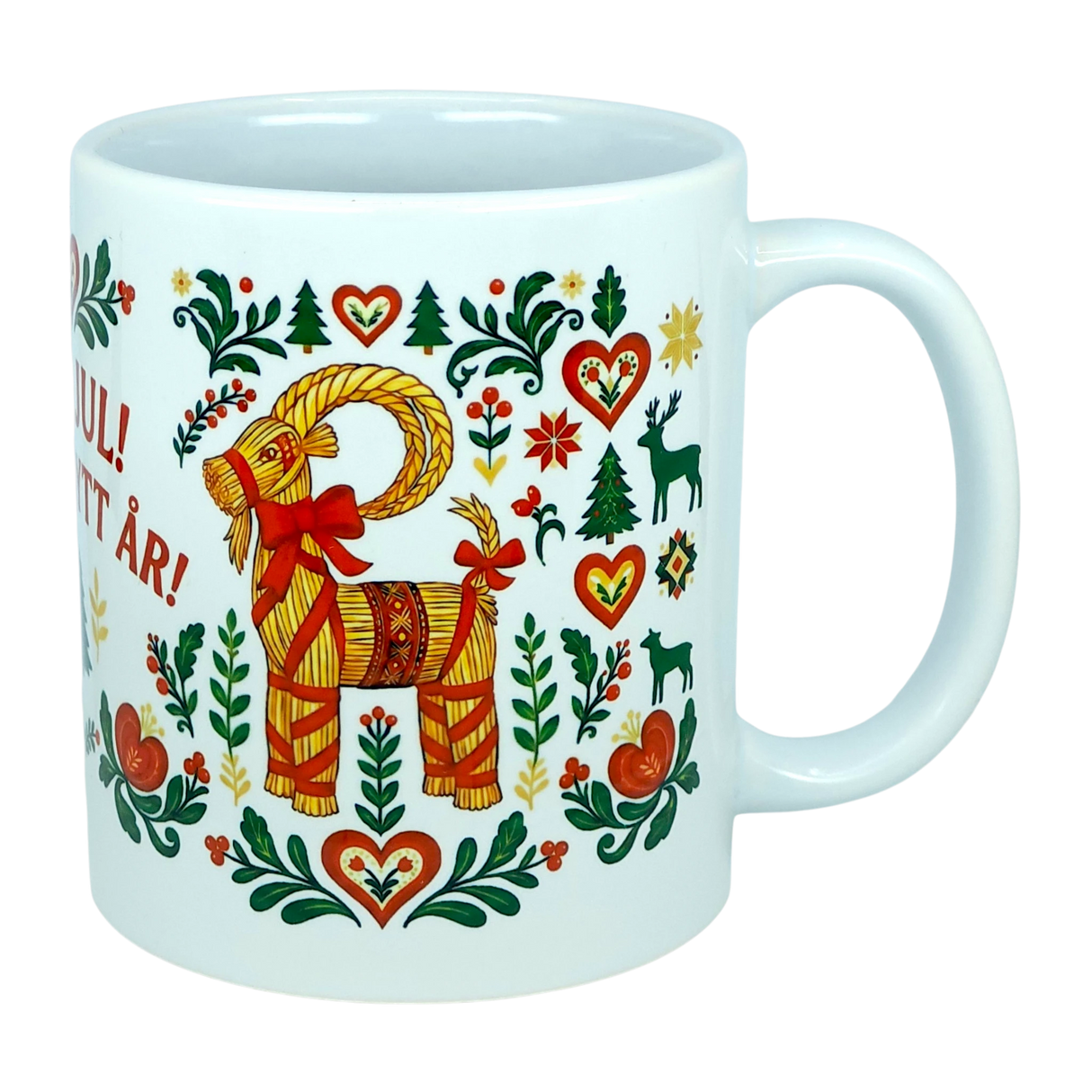 This white 11 oz ceramic mug from Nordic Wholesale features the God Jul Gott Nytt År Yule Goat design, beautifully decorated with colorful Scandinavian folk art motifs including hearts, trees, flowers, and animals in vibrant red, green, and yellow. Charming Nordic details and partially visible Swedish text complement this festive holiday mug.