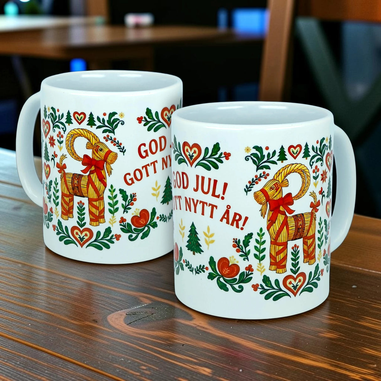 Enjoy your favorite holiday beverages with the Mug: God Jul Gott Nytt År Yule Goat Christmas Ceramic Mug (11 oz Capacity) from Nordic Wholesale. This charming white mug features colorful Scandinavian folk art designs, including a festive Yule goat, hearts, trees, and flowers. The cheerful text reads "God Jul! Gott Nytt År!"—Swedish for "Merry Christmas! Happy New Year!"—making it the perfect ceramic mug or coffee cup to add Nordic holiday spirit to your celebrations.