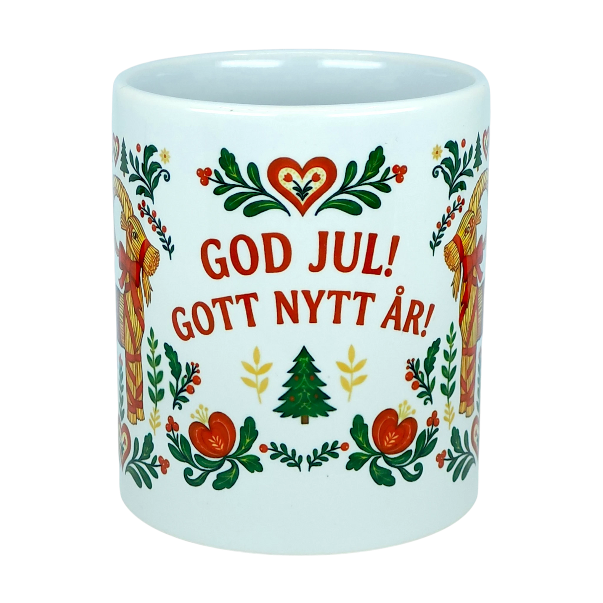 The Nordic Wholesale Mug: God Jul Gott Nytt År Yule Goat Christmas Ceramic Mug (11 oz Capacity) features cheerful Scandinavian-style floral accents and the festive greeting “God Jul! Gott Nytt År!” above a charming tree, meaning “Merry Christmas! Happy New Year!” in Swedish. This delightful Nordic folk art mug is perfect for bringing holiday spirit to your morning coffee.