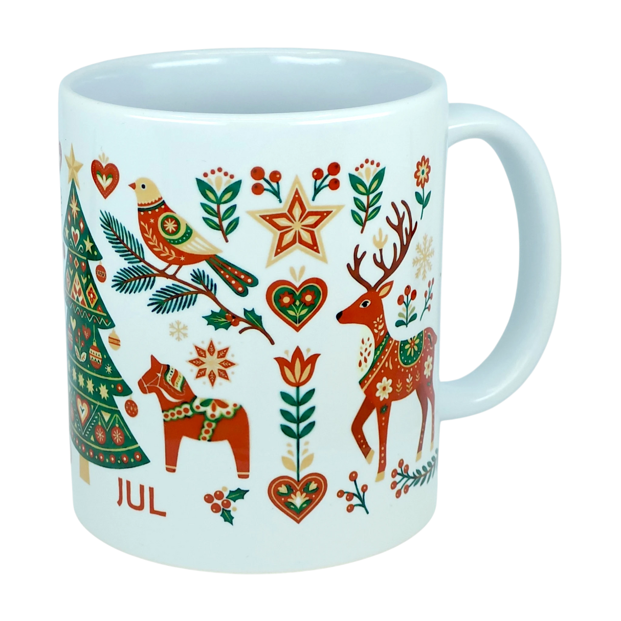 Elevate your holiday table with the Mug: God Jul Nordic Folk Art Ceramic Mug (11 oz Capacity) by Nordic Wholesale. This white Scandinavian mug features festive red, green, and gold hues and is adorned with colorful folk-art inspired Christmas motifs, including a Christmas tree, reindeer, bird, horse, hearts, stars, flowers, and the word JUL. A charming nod to Nordic traditions, this mug brings the warm spirit of "God Jul" to every sip.