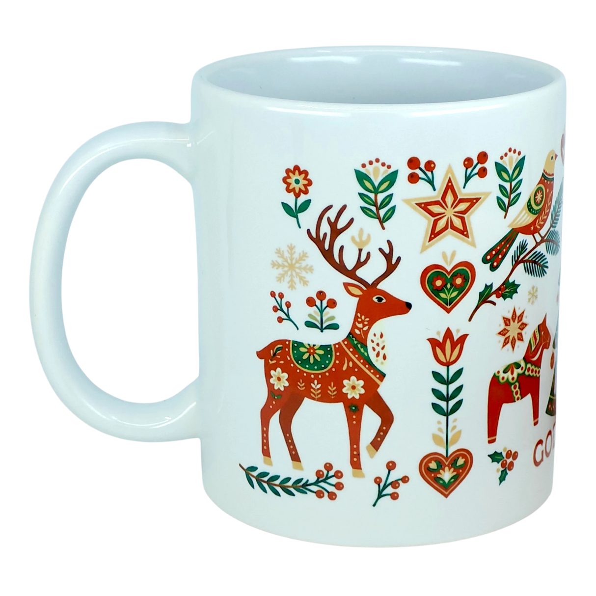 The God Jul Nordic Folk Art Ceramic Mug (11 oz Capacity) by Nordic Wholesale features charming Scandinavian folk designs in festive red, green, and yellow tones—including a reindeer, flowers, stars, and hearts. This vibrant mug beautifully captures the joyful spirit of a Nordic Christmas with its lively holiday motifs.