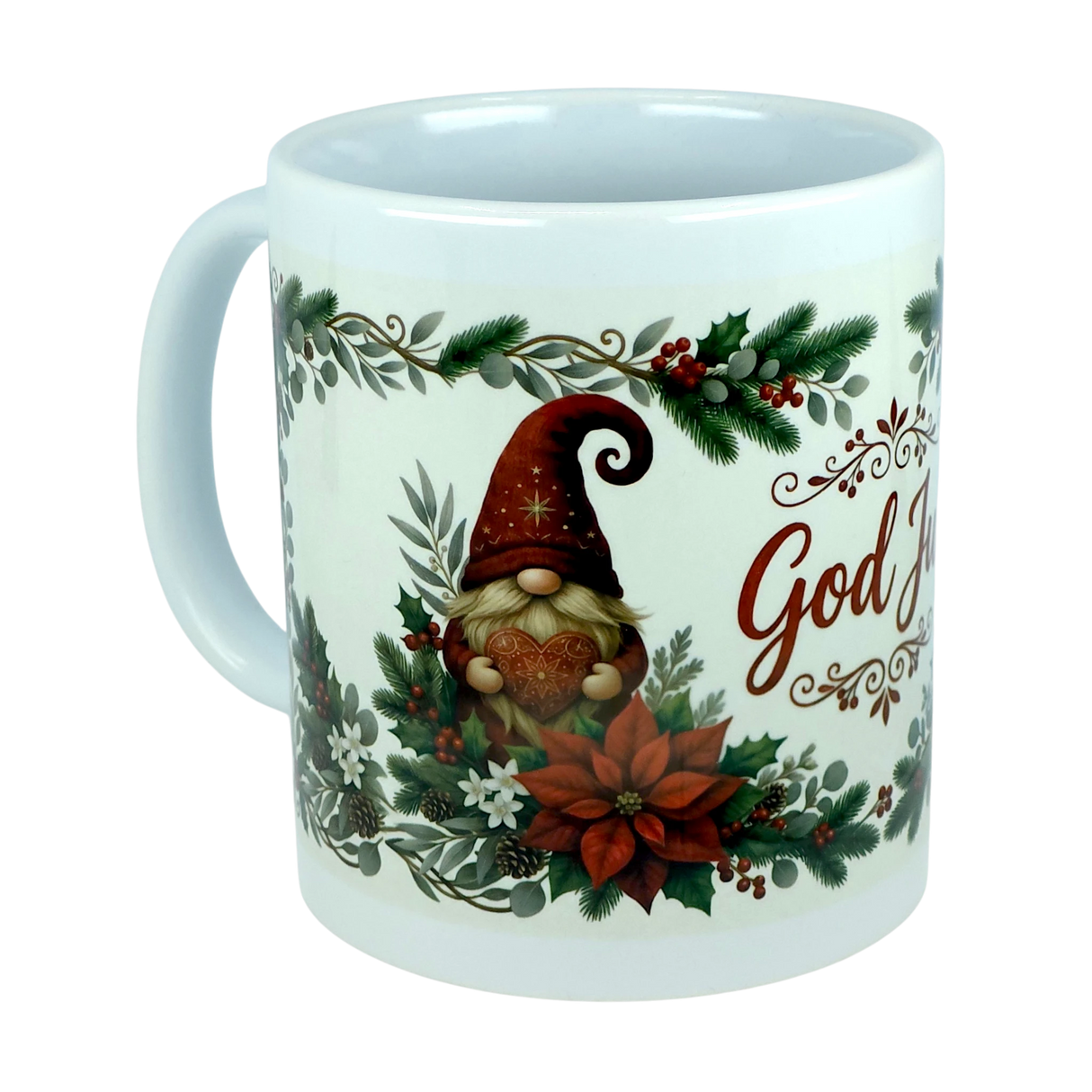 Introducing the God Jul Tomte Nordic Christmas Ceramic Mug by Nordic Wholesale—a white 11 oz mug featuring a festive Scandinavian design. The mug showcases a cheerful gnome in a red hat holding a heart, surrounded by vibrant poinsettias, holly, and greenery. The cozy holiday spirit is captured perfectly, with part of the “God Jul” text visible on the right side.