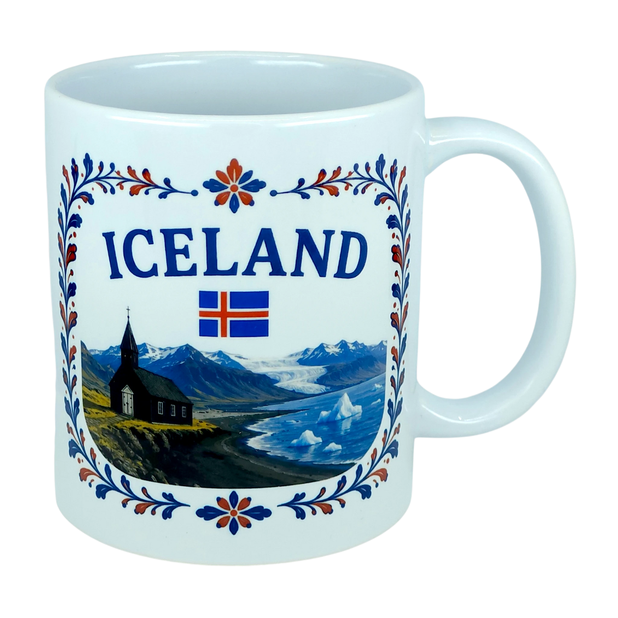 Introducing the Mug: Iceland Church Mountain Ceramic Mug (11 oz Capacity) by Nordic Wholesale. This white ceramic mug features "ICELAND," the Icelandic flag, and a picturesque scene of mountains, a church, water, and icebergs. A decorative blue and red floral border frames the Nordic landscape, making this mug an ideal gift for anyone celebrating their Icelandic heritage.