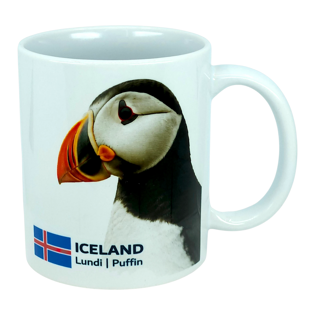 This 11 oz ceramic coffee mug from Nordic Wholesale, the "Mug: Iceland National Animal Puffin," features a photo of an Icelandic puffin alongside the Icelandic flag, with "ICELAND Lundi | Puffin" printed below the image—making it the perfect Nordic wildlife mug for nature lovers.