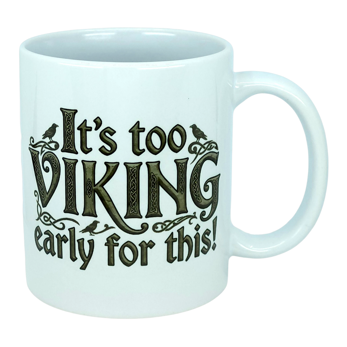 Start your day with a smile using the Mug: It's Too Viking Early For This White Ceramic Mug (11 oz) from Nordic Wholesale. This playful mug features bold black lettering that proclaims "It’s too VIKING early for this!"—a whimsical nod to Norse humor—paired with two small bird illustrations perched on the design, adding a charming touch. Perfect for coffee lovers who enjoy a mythic twist to their morning routine!.