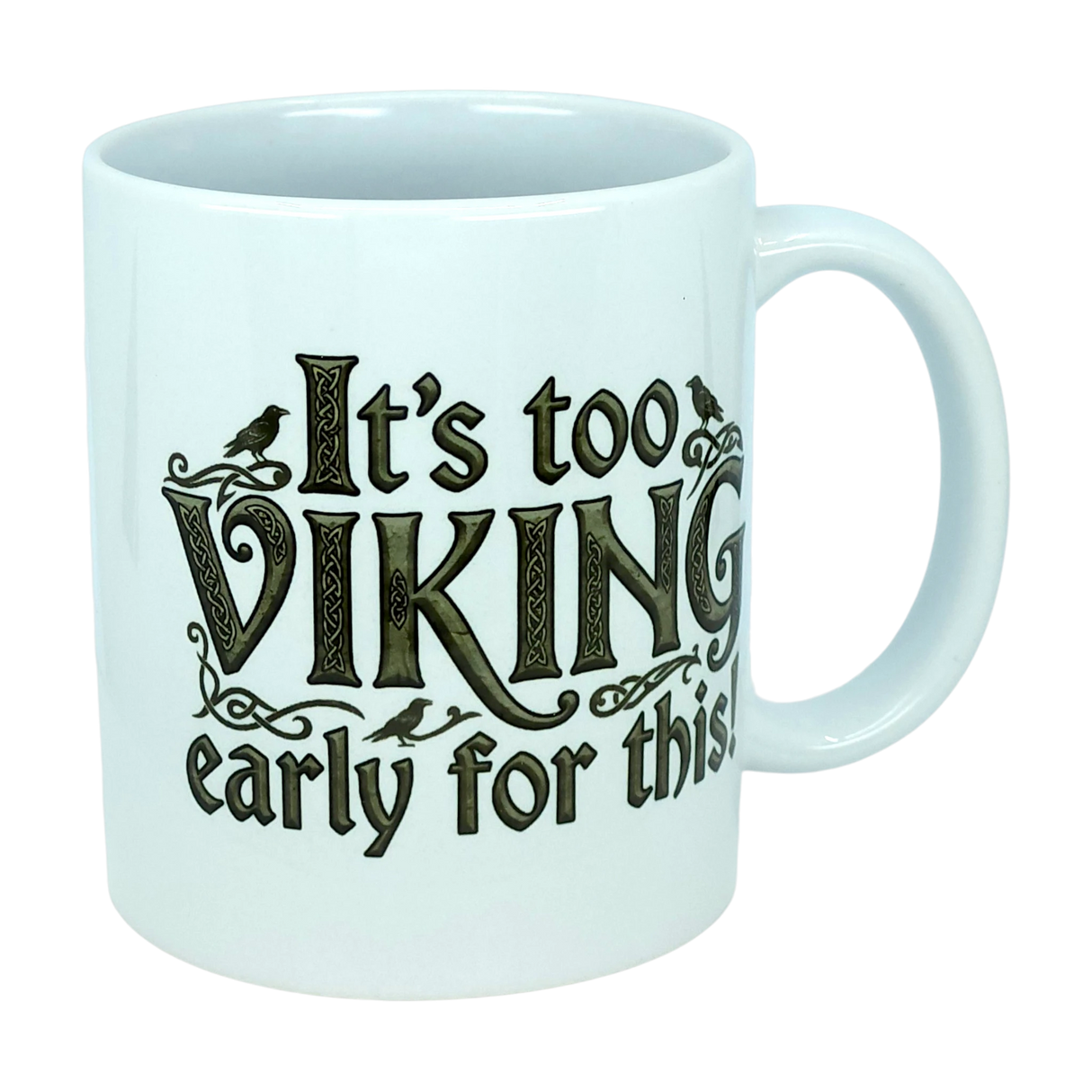 Start your day with a smile using the Mug: It's Too Viking Early For This White Ceramic Mug (11 oz) by Nordic Wholesale. This charming white ceramic mug features the playful phrase “It’s Too VIKING Early For This” in a decorative font, complete with whimsical bird illustrations accenting some of the letters—a perfect choice for anyone who loves Norse humor with their morning coffee.