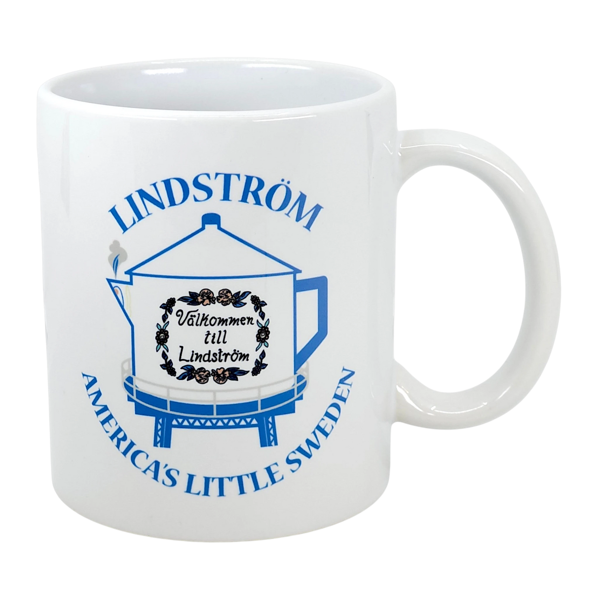 The Swedish Gift Store's 11 oz ceramic mug features Lindstrom’s iconic blue coffee pot water tower and “America’s Little Sweden” text—a perfect Chisago Lakes souvenir.