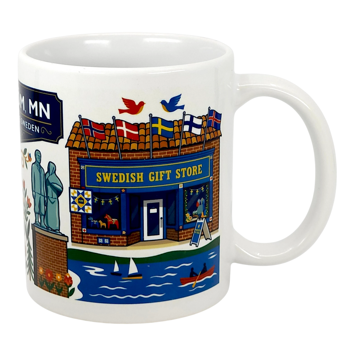 The Mug: Lindstrom, MN — America's Little Sweden 11oz ceramic souvenir mug by Swedish Gift Store features colorful illustrations of iconic Lindstrom landmarks, including flags, boats on a lake, birds, and a statue.