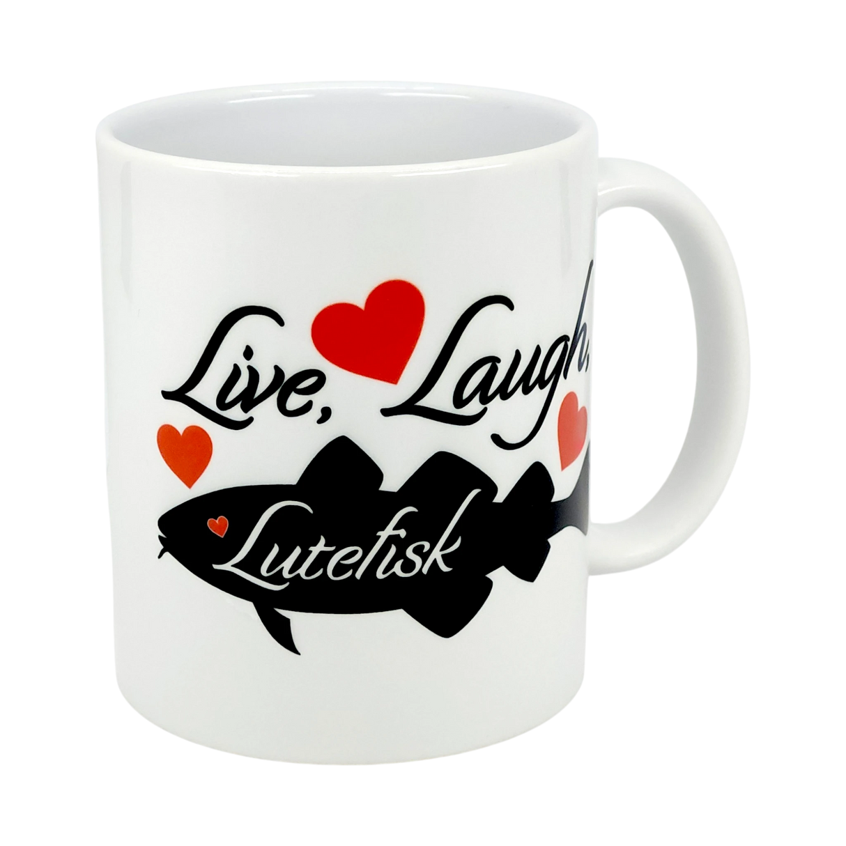 The 11oz ceramic "Live, Laugh, Lutefisk" mug by Nordic Wholesale features black script, red hearts, and a fish silhouette—an ideal lutefisk gift or fun nod to Scandinavian humor.