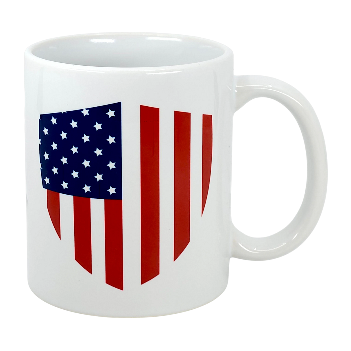 The "Mug: Made in America with American Parts Ceramic Mug (11 oz)" by Swedish Gift Store features a patriotic shield-shaped American flag design with blue and white stars on the upper left and red vertical stripes.