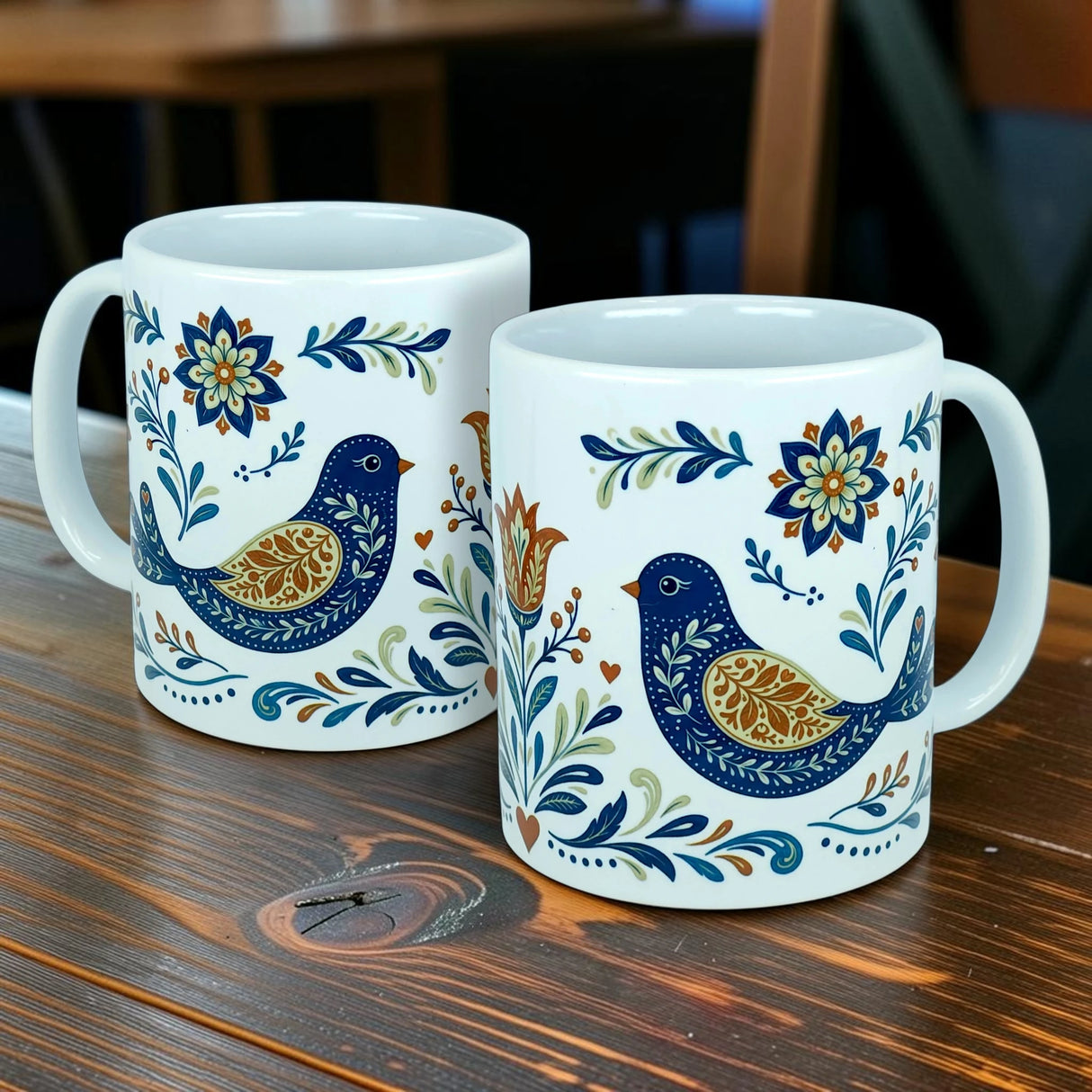 Two Mug: Nordic Folk Art Birds Ceramic Mugs (11 oz Capacity) by Nordic Wholesale, featuring blue birds with intricate Scandinavian folk art patterns, along with orange, green, and blue flowers and leaves, sit on a wooden table.