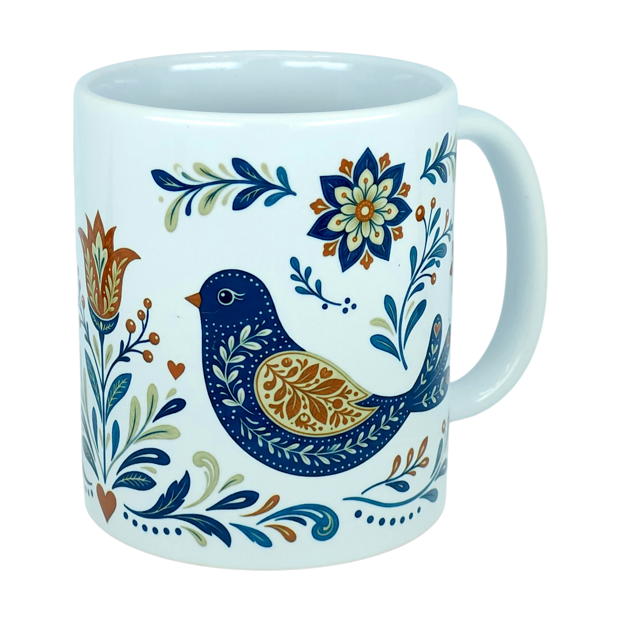 Introducing the Mug: Nordic Folk Art Birds Ceramic Mug (11 oz Capacity) by Nordic Wholesale—a white ceramic mug adorned with a decorative blue bird accented in orange and gold, surrounded by floral patterns in blue, orange, and green. Inspired by classic Nordic rosemaling designs, this folk art mug blends timeless Scandinavian charm with vibrant detailing. The handle is finished in plain white.