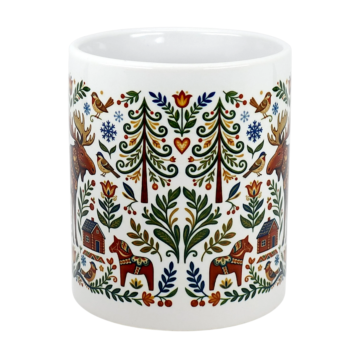 The Nordic Forest Kurbits Dala Moose Wraparound Ceramic Mug (11 oz) by Swedish Gift Store features moose, trees, birds, red houses, horses, hearts, and florals—a whimsical Scandinavian touch for your daily routine.
