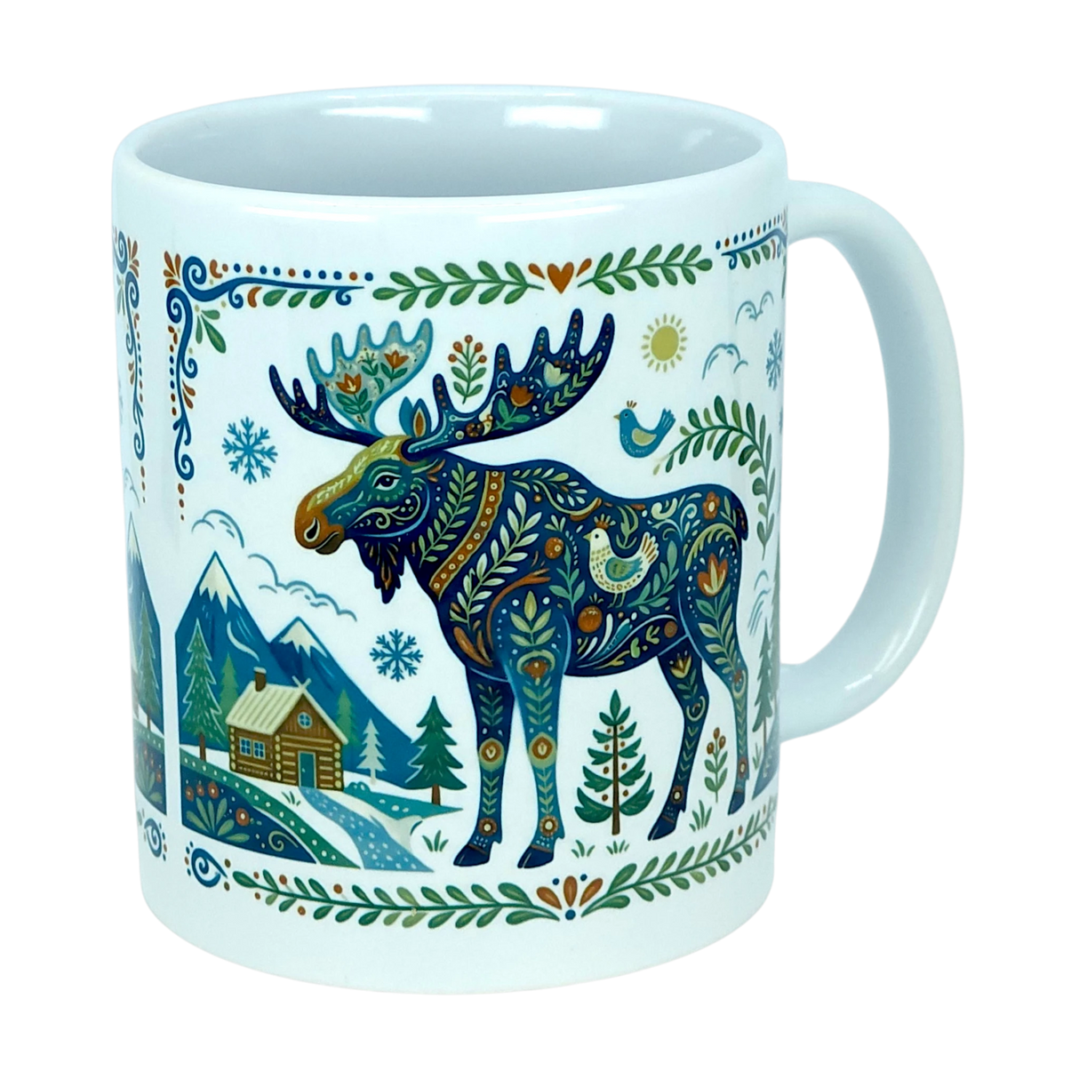 Enjoy your morning coffee with the Mug: Nordic Forest Moose Ceramic Mug (11 oz) from Nordic Wholesale, featuring a charming folk art design. This white ceramic mug is adorned with a vibrant, patterned illustration that captures a moose, pine trees, snowy mountains, a cozy cabin, decorative leaves, as well as a blue bird and sun in true Scandinavian style—adding a delightful Nordic flair to your daily routine.
